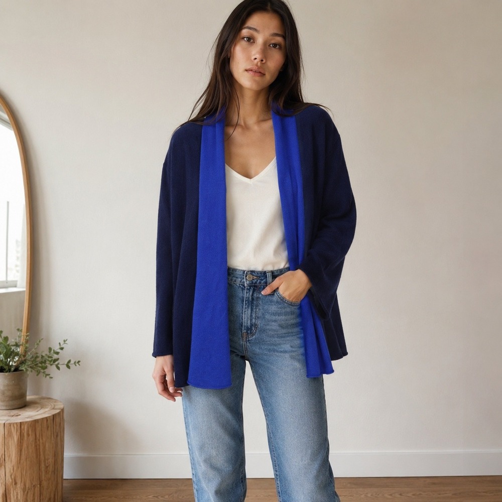 C by Bloomingdale's Women Sweater‎ XS Blue Navy Open Front Colorblock Cashmere